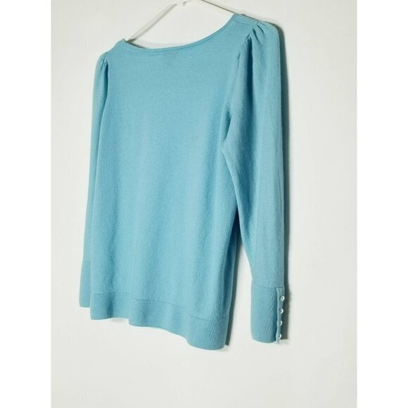 Talbots Gathered Shoulder Blue Merino‎ Wool Sweater Pearl Buttons at Cuffs Sz XP - Picture 12 of 16